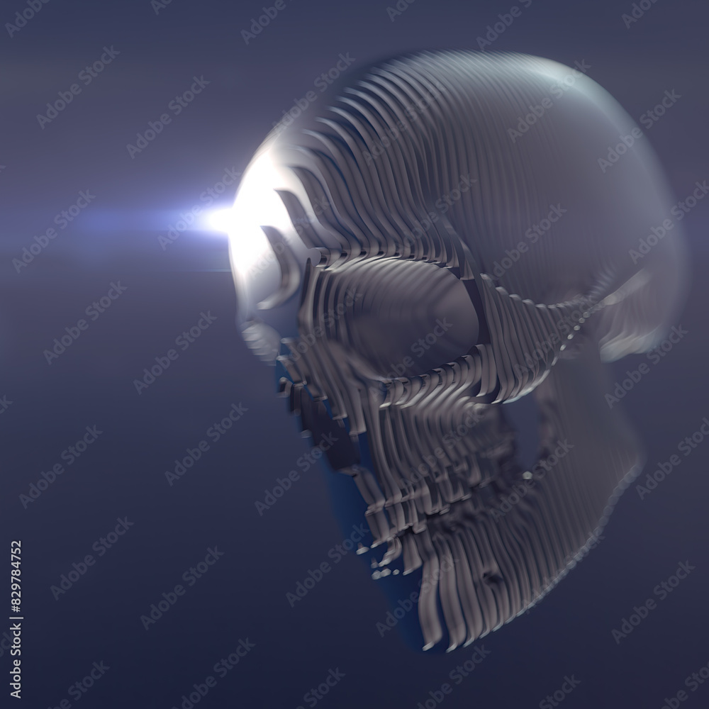 Poster digital illustration of a layered stylized metal skull with shiny stripes. 3d rendering