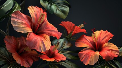 3d render of orange and red hibiscus flowers with tropical leaves on dark background. vector illustration design for wallpaper, textile print or decoration in interior