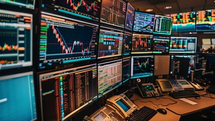 Multiple computer screens display various stock market data, graphs, and trading information in a busy financial trading room. - Powered by Adobe