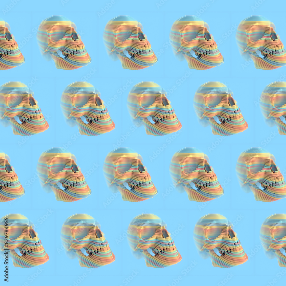 Poster Rainbow skulls composed of a unique pattern of rainbow-like stripes on a blue background. 3d rendering illustration