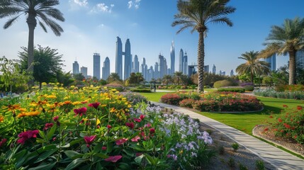 Fototapeta premium Develop a guide to green spaces and parks. Highlight popular spots like Safa Park, Dubai Miracle Garden, and Dubai Creek Park.