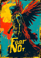 Bold Graphic Novel Style Hero with Red Wings and Fear Not Text Amidst Abstract Graffiti Art Background in Vibrant Colors