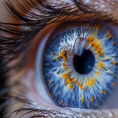 Detailed human eye in macro view with striking blue and orange hues, intricate and vibrant