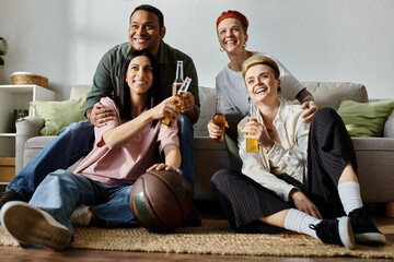 Diverse friends, including a loving lesbian couple, sit closely on top of a cozy couch.
