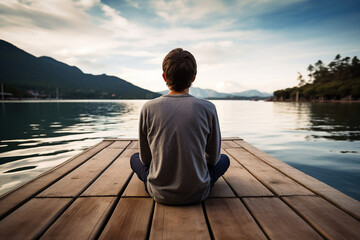 Fototapeta premium Generative AI illustration happy yoga person enjoying medication in natural wild conditions beautiful view