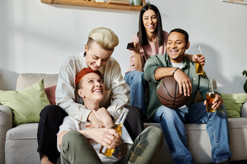A diverse group of friends, including a loving lesbian couple, sit together on a cozy couch.