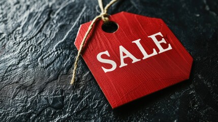 Black background with a red tag and text SALE on it, top view. Image of a sale or market near the bottom.