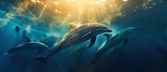 Fototapeta premium A group of dolphins swimming in the ocean, golden hour underwater photography in the style of National Geographic, dynamic light effects, deep blue and yellow colors, high resolution