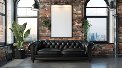 Minimalist diner interior featuring a black leather sofa, brick walls, large windows, and a clean...