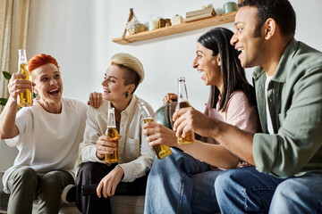 Diverse group enjoying beer on couch.