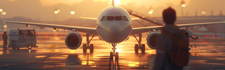 Airplane is taxiing to the runway and a person is standing front journey arrival sun on a background