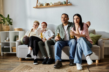 A group of people, including a loving lesbian couple, sitting together on top of a couch.