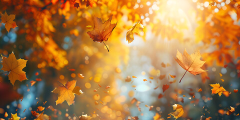 Fall background with leaves in sun lights with bokeh Beautiful nature landscape wallpaper