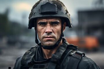 Generative ai photo of soldiers in combat gear against the background of military equipment