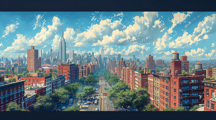 printable mural featuring panoramic view of bustling metropolis iconic landmarks busy streets a dynamic skyline stretching into the distance offering an urbaninspired focal point for modern interiors