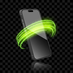 Realistic 3D Smartphone and Mobile Phone with Green Neon Light Trail and Glowing Wave on Transparent Background. Vector. © Jer