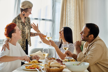 A group of people sitting around a table, enjoying a meal together.