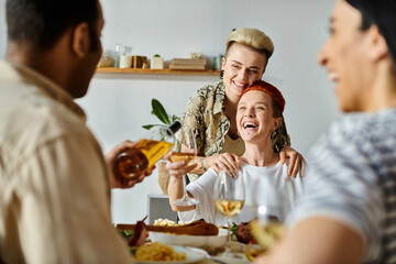 Diverse group sharing a meal at home.