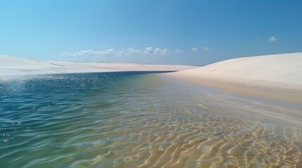 Lencois Maranhenses. A dazzling landscape of dunes and rain lakes. Natural rainwater pool in white sand desert. Nature and travel concept.