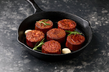 Pan grilled, plant based vegan meat steak with herbs. Alternatives meat. Eco friendly healthy food,
