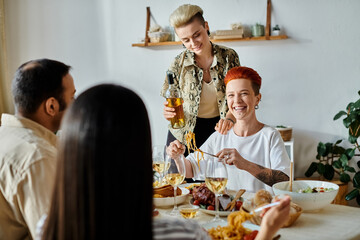 Diverse friends and a loving lesbian couple enjoy dinner together.