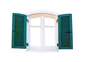 open window with green wooden shutters on white background