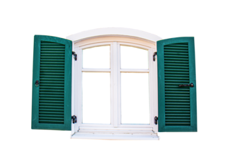 open window with green wooden shutters on white background