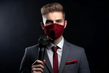 Fototapeta premium Professional reporter journalist in front of camera making breaking news reportage Generative AI picture
