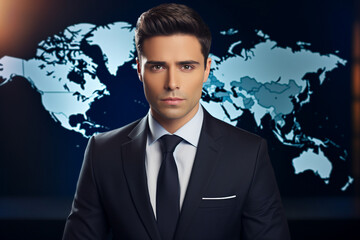 Professional reporter journalist in front of camera making breaking news reportage Generative AI picture