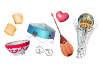 Kazakhstan national elements set isolated on black background. Including Baiterek, Nauryz, piala, baursaki, ornaments and dombra. Clipart set for design