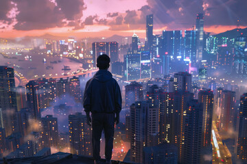 Man standing on rooftop overlooking city skyline at dusk
