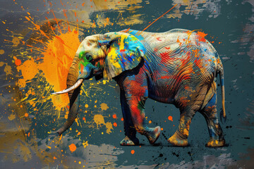 Colorful elephant with vibrant paint splatter background