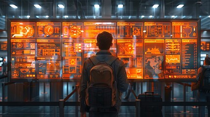 A back view of an individual observing a large high-tech display wall with various information readouts and graphs