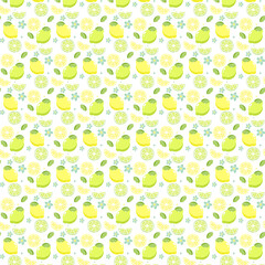 Seamless pattern of lemons, lemon slices and lime