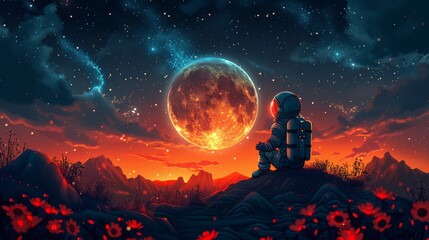 A vibrant illustration of an astronaut with a backpack gazing at a huge moon in a starry night sky above an alien landscape