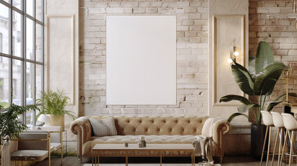 Scandinavian-style diner with a beige velvet sofa, light brick walls, and wide windows, highlighting a large blank white poster