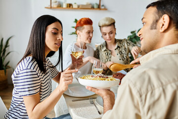 Diverse friends enjoying a meal together with wine.