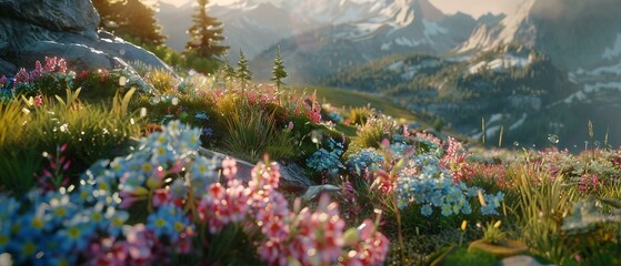 A close-up photograph of a mountain meadow