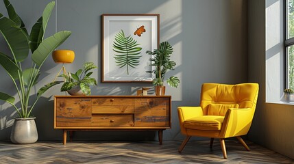 A cozy room featuring a yellow armchair, wooden furniture, and indoor plants next to a large window