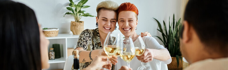 A diverse group of women joyfully toast with wine glasses during a dinner gathering, with friends.
