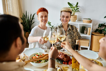 Diverse group of friends enjoying wine together at a dinner table.