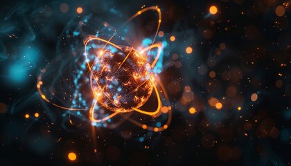 Detailed atomic structure with vibrant protons, neutrons, and electrons orbiting the nucleus.