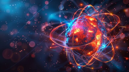 Obraz premium Detailed atomic structure with vibrant protons, neutrons, and electrons orbiting the nucleus.