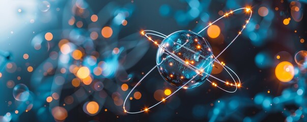 Detailed atomic structure with vibrant protons, neutrons, and electrons orbiting the nucleus.