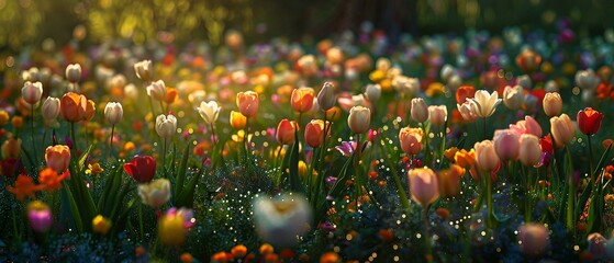 A detailed photograph of a spring field with tulips