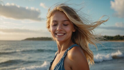 Naklejka premium Young happy woman in a swimsuit on a sandy beach near the sea, smiling girl in summer enjoying sunbathing 
