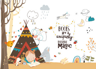 Cute Girl reading Book with Animals in a Teepee Tent in Autumn Park. Vector Illustration © Maria Starus