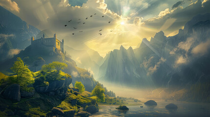 Majestic fantasy castle in sunlit mountain landscape