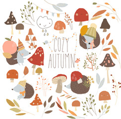 Vector Cartoon Set with Cute Hedgehogs, Mushrooms and Colorful Autumnal Leaves