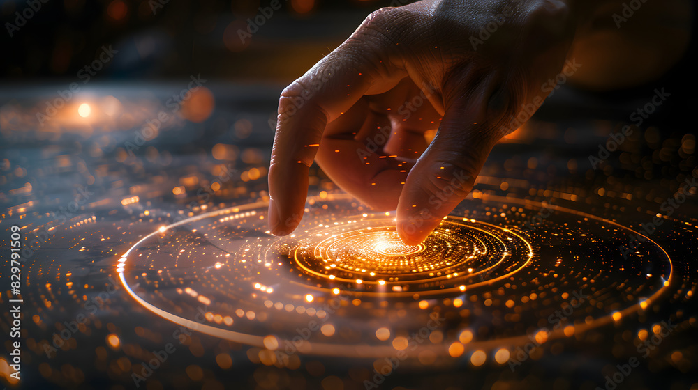 Aufkleber hand touching a spinning vortex of data and light particles, data flow and processing visualisation 